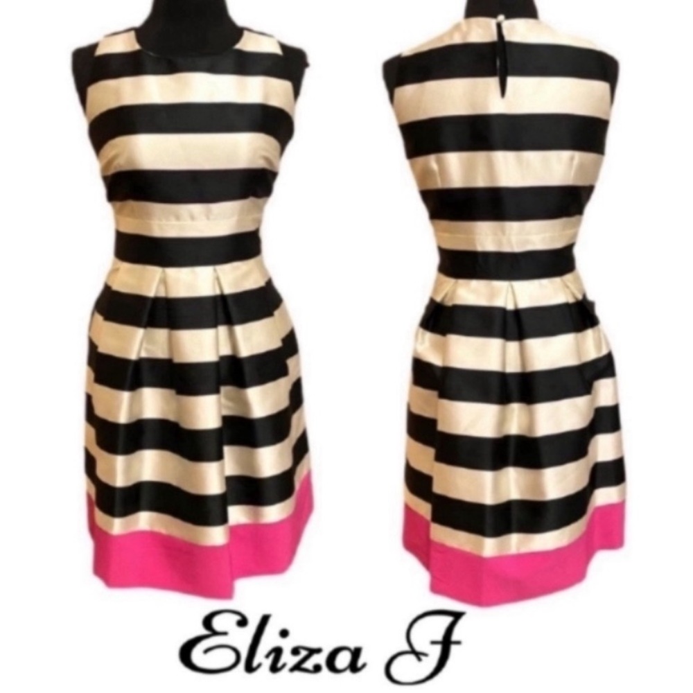 Eliza J Women’s Dress Size 6 Black White Striped Pink Hem Sleeveless New